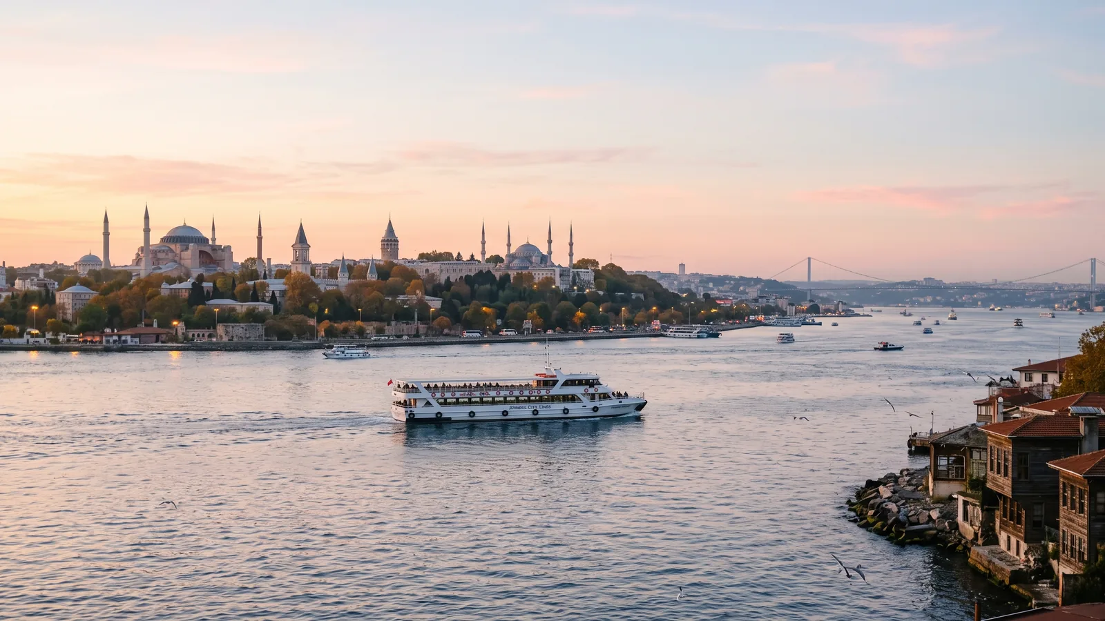 The Bosphorus and the Istanbul skyline in soft early-autumn light, with ferries crossing between the European and Asian shores