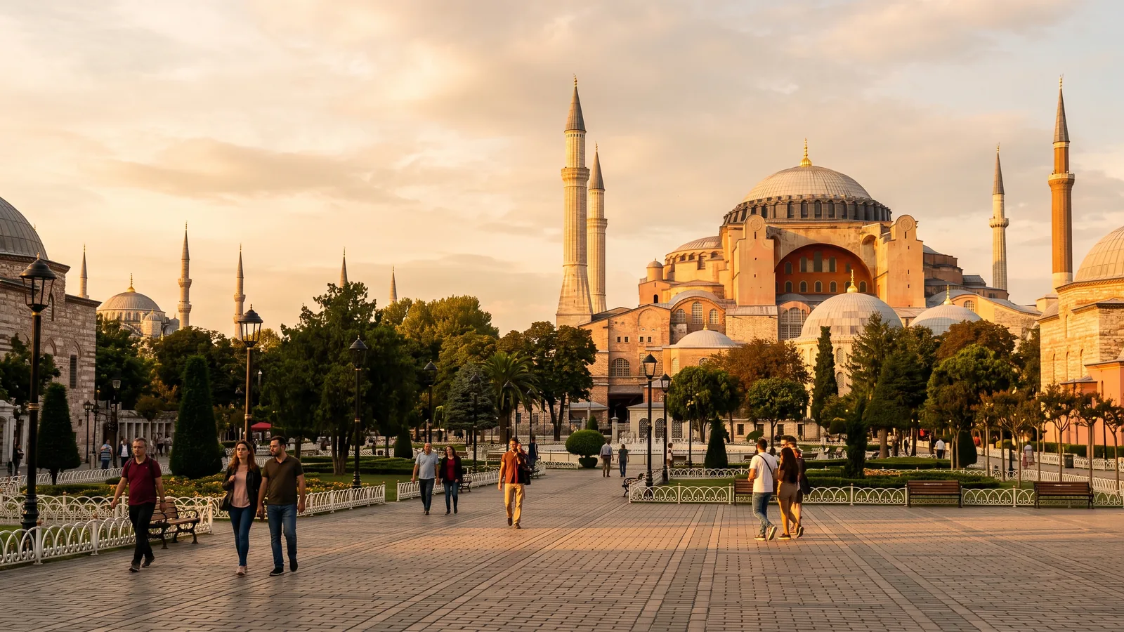 Hagia Sophia at golden hour seen across Sultanahmet square, with travelers strolling through the evening light, Istanbul