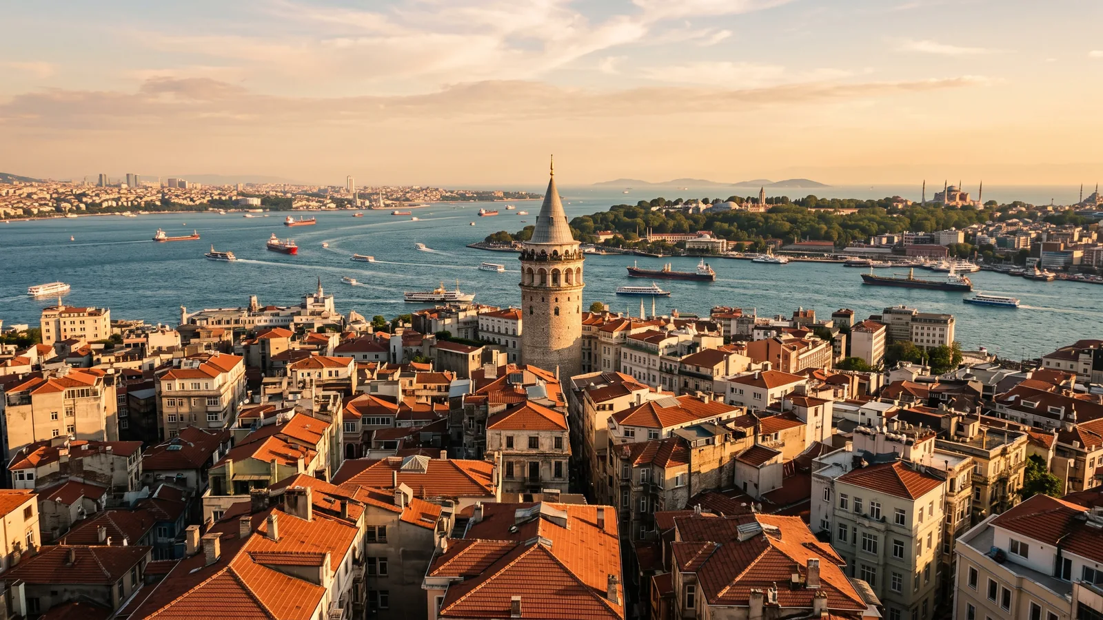 Wide collage-style view over Istanbul's terracotta rooftops with Galata Tower rising above them and the Bosphorus glittering beyond